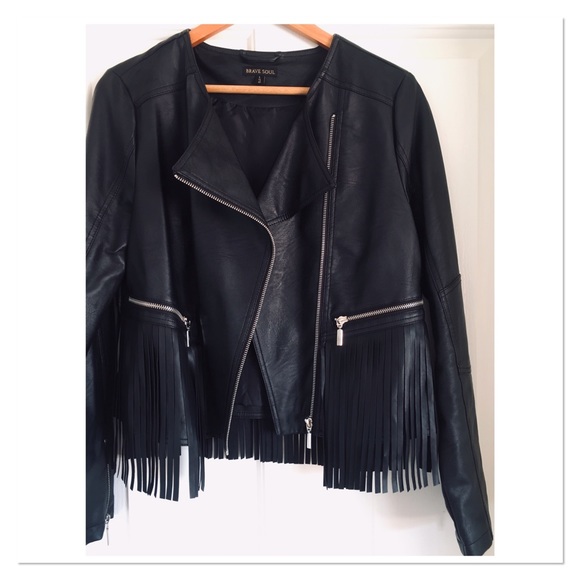 New Brave Soul Black Faux Leather Festival Jacket with Fringe Detail - Picture 6 of 6
